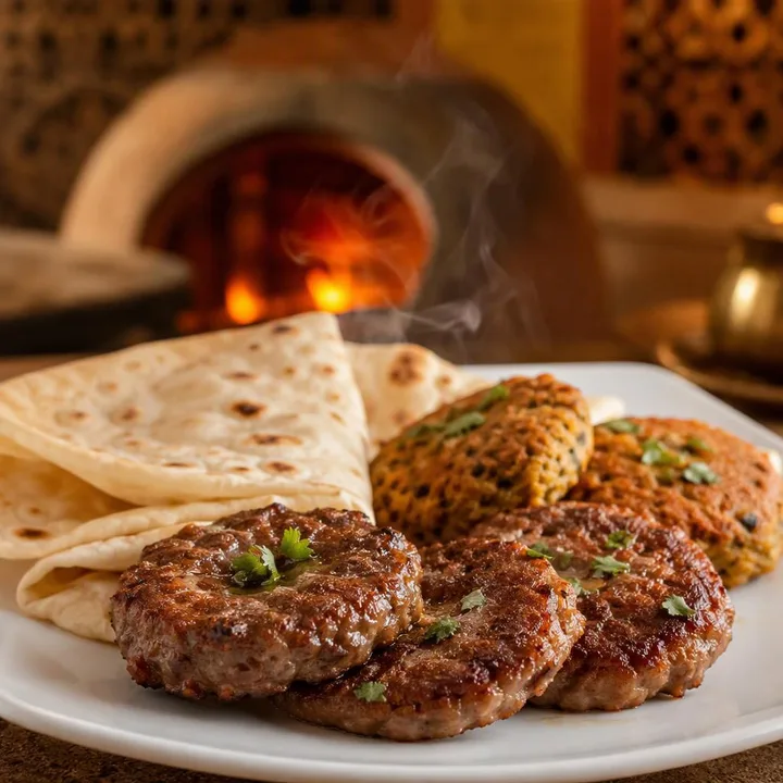 Plate of galouti and shami kebabs with roti on the side at Nouba Restaurant and Rooftop Lounge, C-Scheme Jaipur