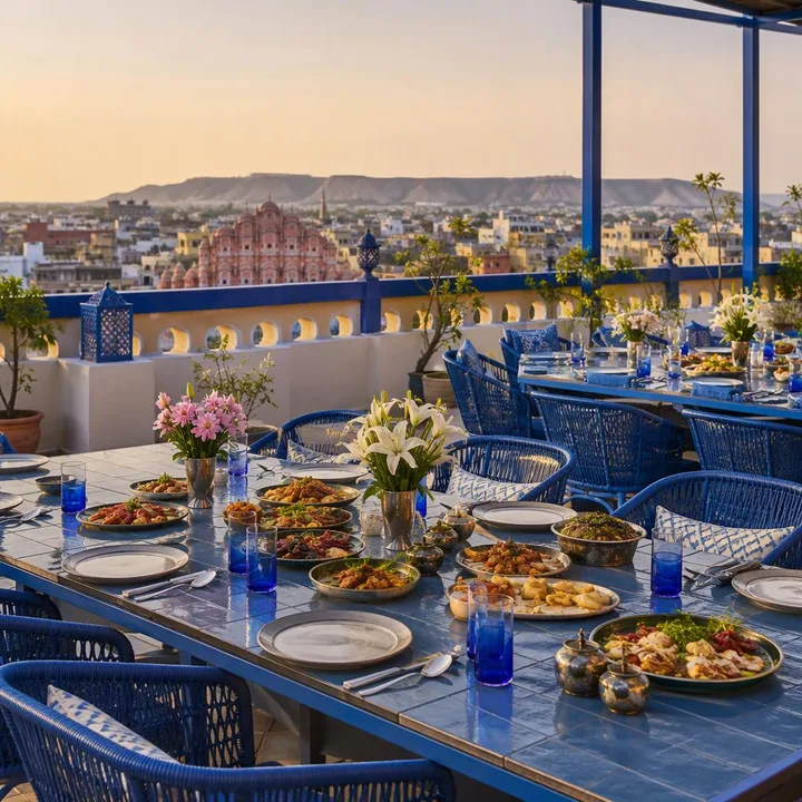 Rooftop tables set for a kitty party lunch with skyline view at Nouba Restaurant and Rooftop Lounge, C-Scheme Jaipur