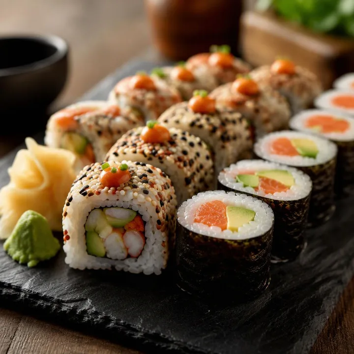 Maki and uramaki sushi rolls on a plate at Nouba Restaurant and Rooftop Lounge, C-Scheme Jaipur