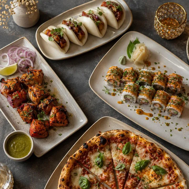 Assortment of North Indian kebabs, Pan-Asian dim sum and wood-fired pizza slices on sharing platters at Nouba Restaurant and Rooftop Lounge, C-Scheme Jaipur