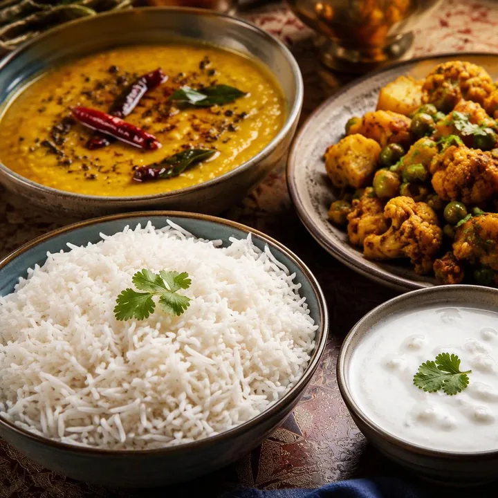 Steaming bowl of rice with raita and side dishes on table at Nouba Restaurant and Rooftop Lounge, C-Scheme Jaipur