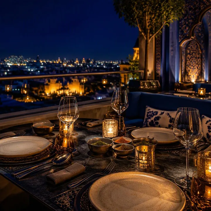 Rooftop tables set for dinner under Jaipur skyline at night at Nouba Restaurant and Rooftop Lounge, C-Scheme Jaipur