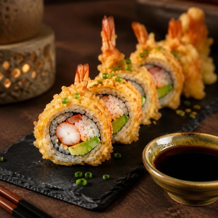 Prawn tempura roll sliced on plate with soy sauce at Nouba Restaurant and Rooftop Lounge, C-Scheme Jaipur