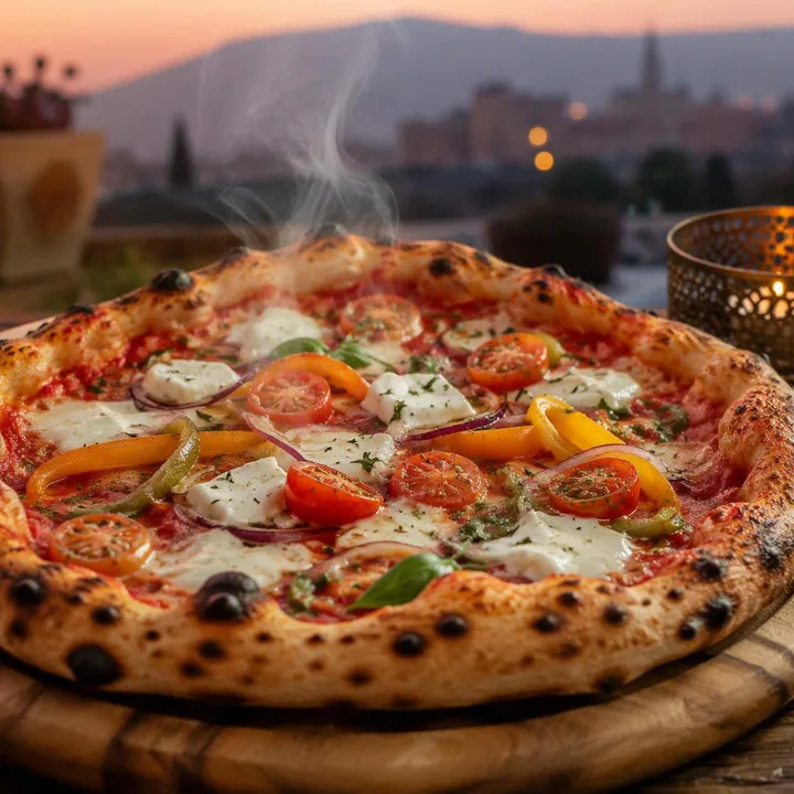 Custom topped Neapolitan pizza fresh from wood-fired oven at Nouba Restaurant and Rooftop Lounge, C-Scheme Jaipur