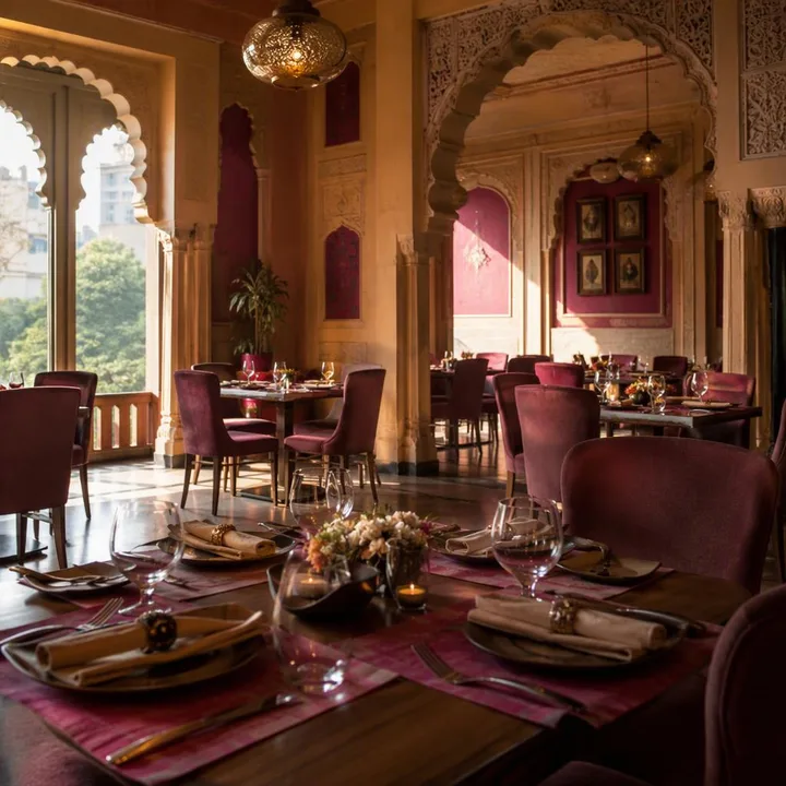 Brown and magenta indoor dining room with tables set for small groups at Nouba Restaurant and Rooftop Lounge, C-Scheme Jaipur