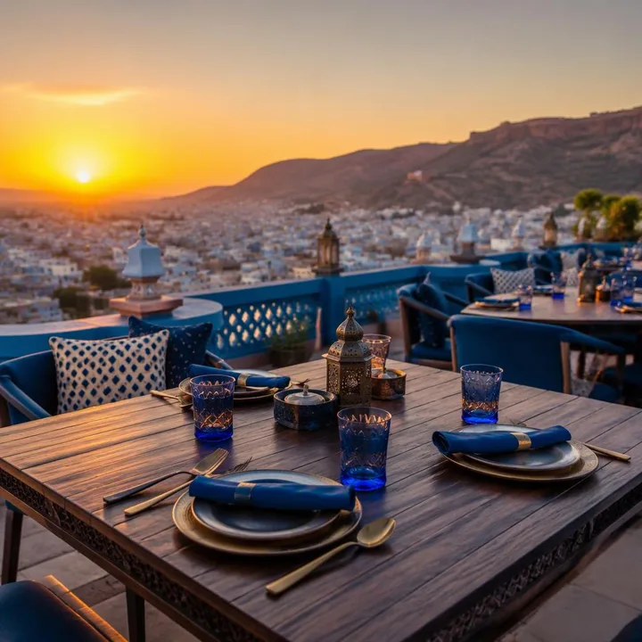 Rooftop tables with Jaipur skyline view at dusk at Nouba Restaurant and Rooftop Lounge, C-Scheme Jaipur