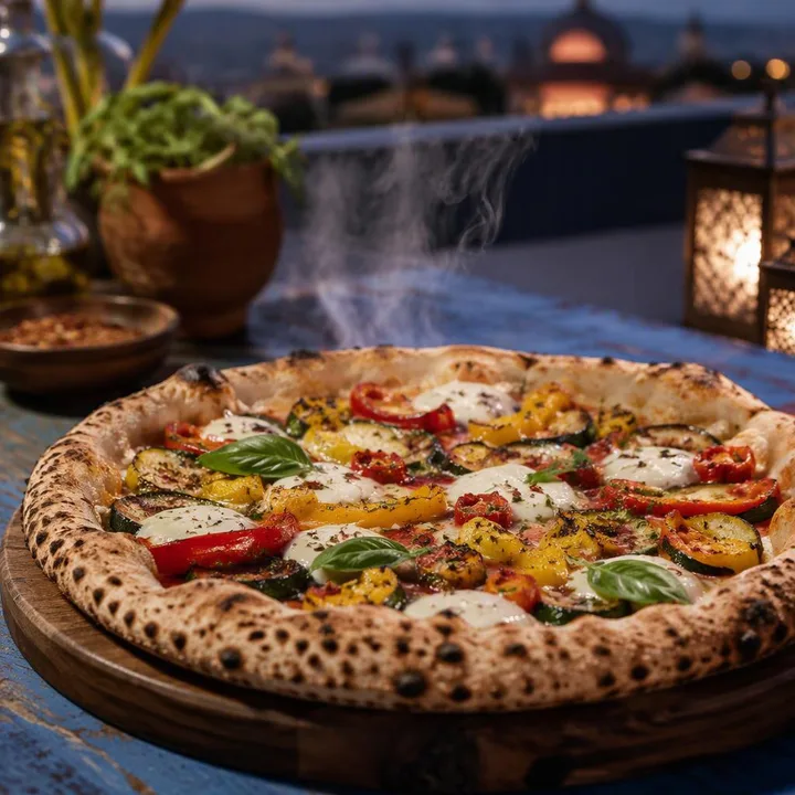 Custom topped Neapolitan pizza on a table for sharing at Nouba Restaurant and Rooftop Lounge, C-Scheme Jaipur