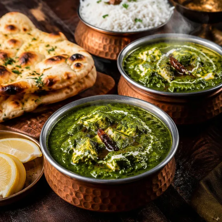 Bowl of green palak gravy with naan and rice on table at Nouba Restaurant and Rooftop Lounge, C-Scheme Jaipur