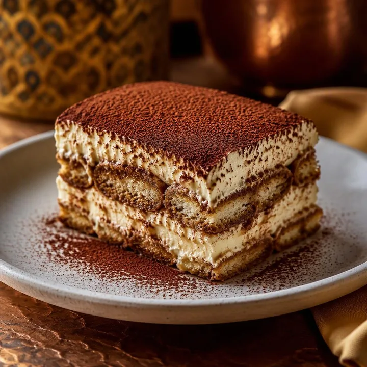 Classic tiramisu on a plate with dusting of cocoa at Nouba Restaurant and Rooftop Lounge, C-Scheme, Jaipur