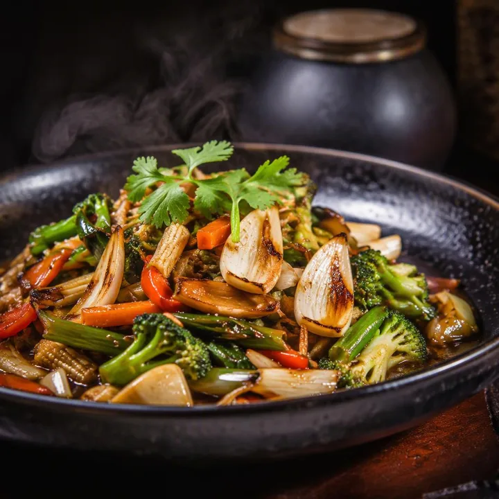 Steaming wok dish with vegetables and sauce on black plate at Nouba Restaurant and Rooftop Lounge, C-Scheme Jaipur