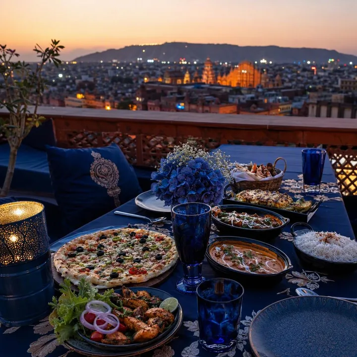 Rooftop table set for birthday dinner with skyline view at Nouba Restaurant and Rooftop Lounge, C-Scheme Jaipur