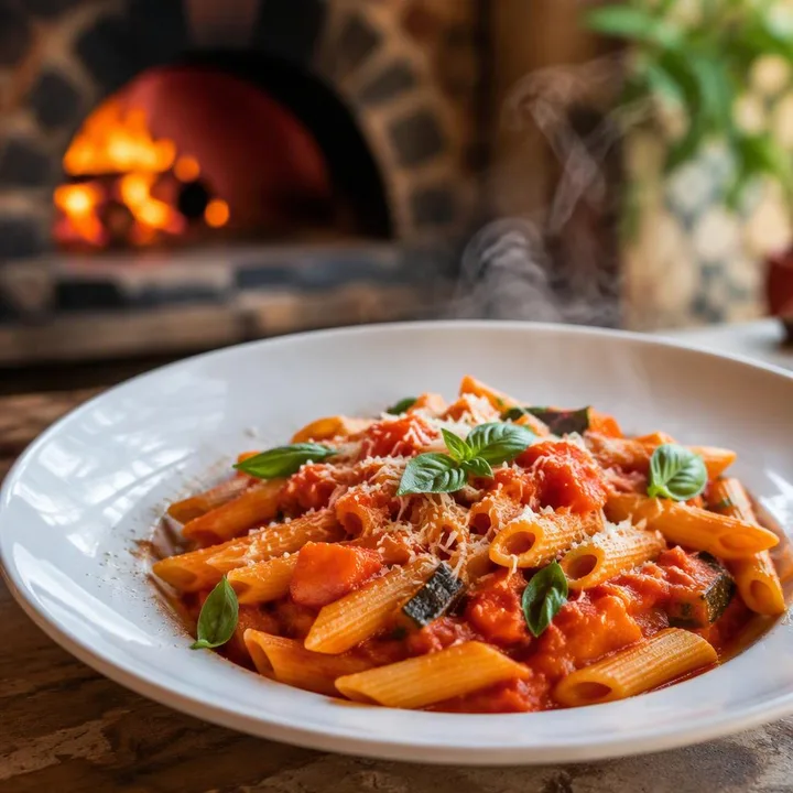 Plate of vegetarian pasta with fresh herbs at Nouba Restaurant and Rooftop Lounge, C-Scheme Jaipur