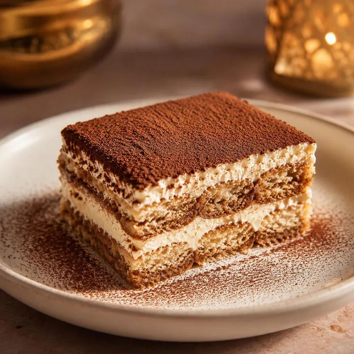 Plate of classic tiramisu with coffee soak and cocoa dust at Nouba Restaurant and Rooftop Lounge, C-Scheme Jaipur