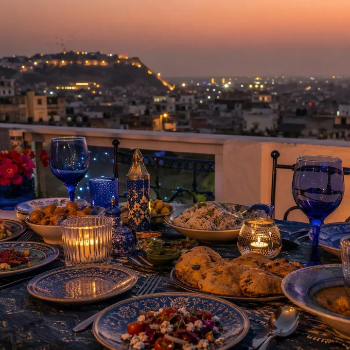 Rooftop table set for anniversary dinner with skyline view at Nouba Restaurant and Rooftop Lounge, C-Scheme Jaipur