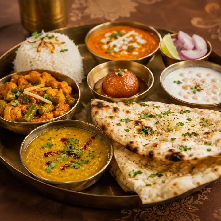 Table set for pure vegetarian dinner with north Indian dishes at Nouba Restaurant and Rooftop Lounge, C-Scheme Jaipur