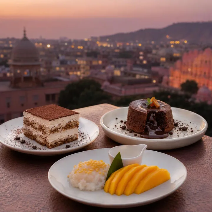 Close-up of assorted desserts on plates with skyline view in background at Nouba Restaurant and Rooftop Lounge, C-Scheme Jaipur