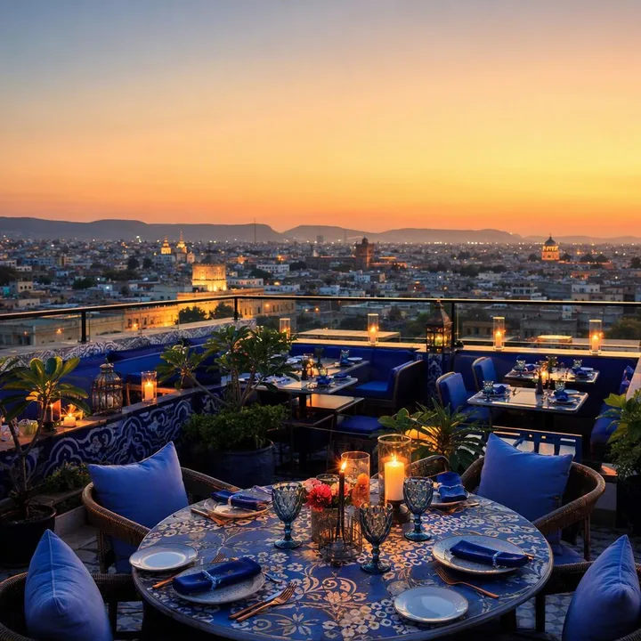 Rooftop tables with Jaipur skyline view at dusk at Nouba Restaurant and Rooftop Lounge, C-Scheme Jaipur