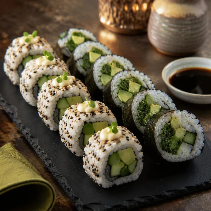 Vegetarian maki rolls on a plate with chopsticks at Nouba Restaurant and Rooftop Lounge, C-Scheme Jaipur