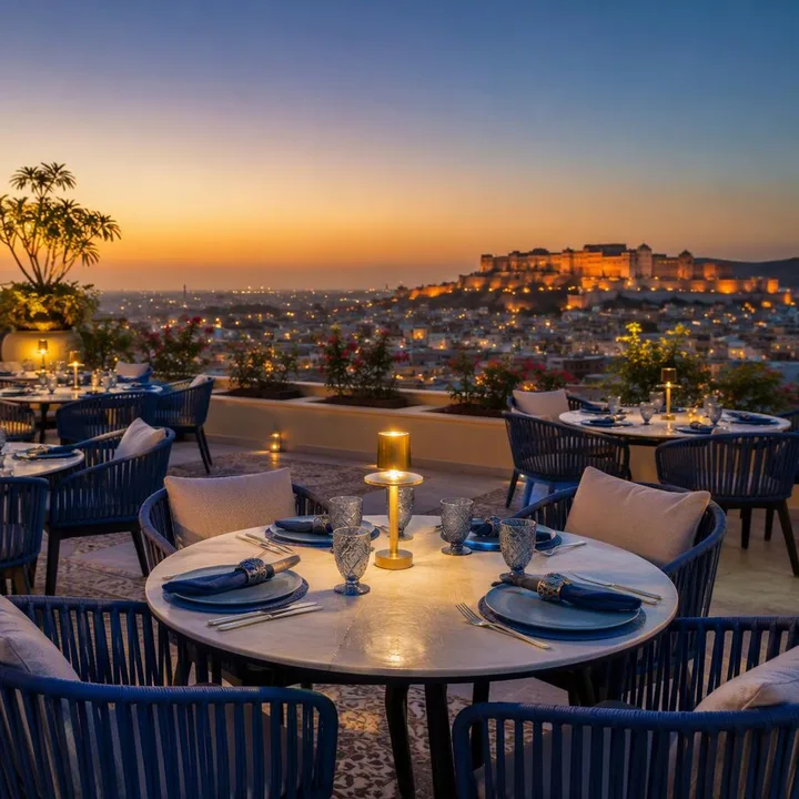 Electric blue rooftop tables with 180-degree Jaipur skyline view at dusk, at Nouba Restaurant and Rooftop Lounge, C-Scheme Jaipur