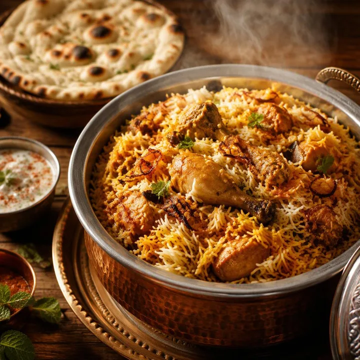 Steaming biryani pot with tandoor breads on table at Nouba Restaurant and Rooftop Lounge, C-Scheme Jaipur
