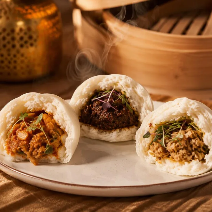 Steamed bao buns on plate with chopsticks at Nouba Restaurant and Rooftop Lounge, C-Scheme Jaipur