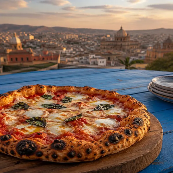 Neapolitan wood-fired pizza on blue rooftop table with Jaipur skyline at Nouba Restaurant and Rooftop Lounge, C-Scheme Jaipur