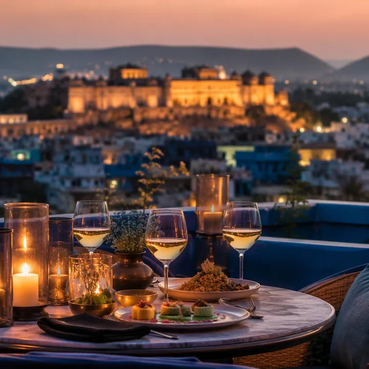 Rooftop table set for anniversary dinner with skyline view at Nouba Restaurant and Rooftop Lounge, C-Scheme Jaipur