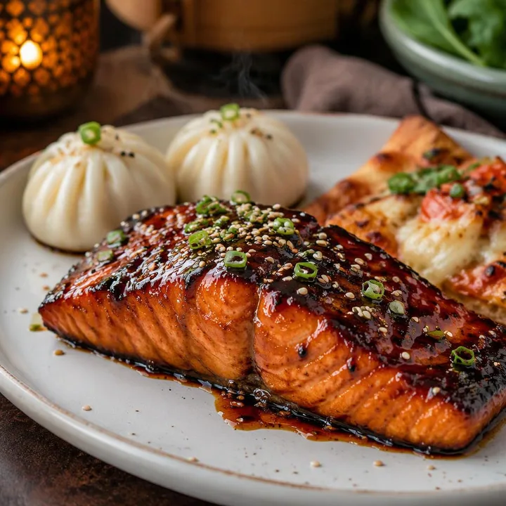 Teriyaki glazed grilled salmon on plate with dim sum and pizza slice beside it at Nouba Restaurant and Rooftop Lounge, C-Scheme Jaipur