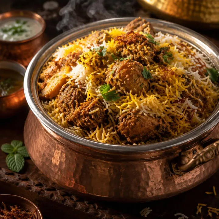 Steaming biryani pot with saffron rice and garnish at Nouba Restaurant and Rooftop Lounge, C-Scheme Jaipur