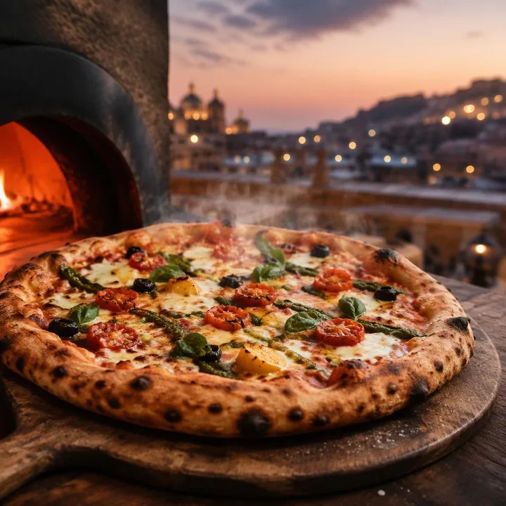 Custom topped Neapolitan pizza on wood-fired oven tray at Nouba Restaurant and Rooftop Lounge, C-Scheme Jaipur