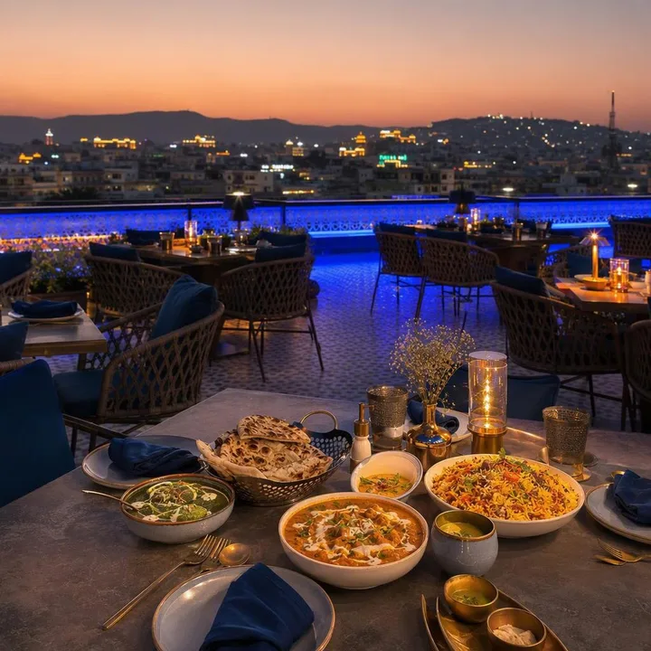 Rooftop table setup with Jaipur skyline view at Nouba Restaurant and Rooftop Lounge, C-Scheme Jaipur