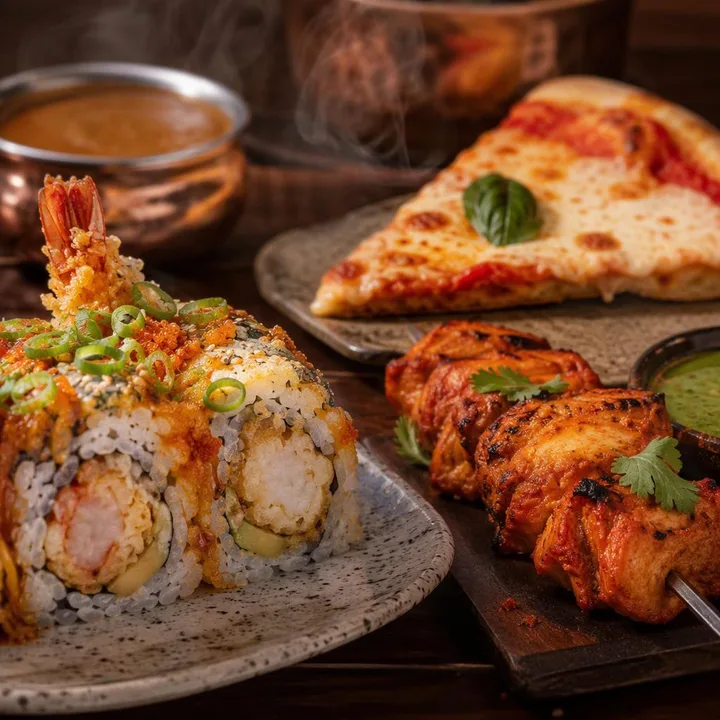 Prawn tempura roll on plate with tandoor skewers and pizza slice at Nouba Restaurant and Rooftop Lounge, C-Scheme Jaipur