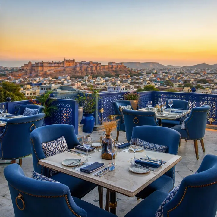 Rooftop tables with Jaipur skyline view at sunset at Nouba Restaurant and Rooftop Lounge, C-Scheme Jaipur