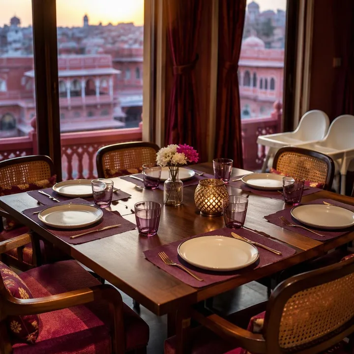 Family table setup on 3rd floor with space for young children at Nouba Restaurant and Rooftop Lounge, C-Scheme Jaipur