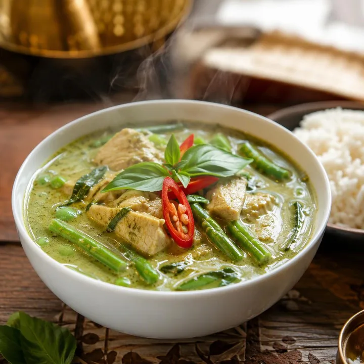 Steaming bowl of Thai green curry with rice and herbs at Nouba Restaurant and Rooftop Lounge, C-Scheme Jaipur