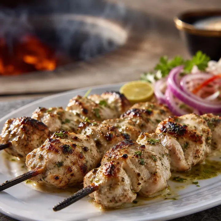 Plate of malai chicken tikka skewers with creamy marinade at Nouba Restaurant and Rooftop Lounge, C-Scheme Jaipur