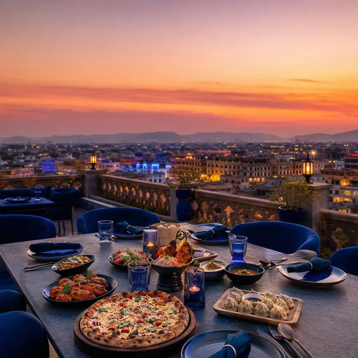 Private dining table setup on the rooftop with Jaipur skyline view at Nouba Restaurant and Rooftop Lounge, C-Scheme Jaipur