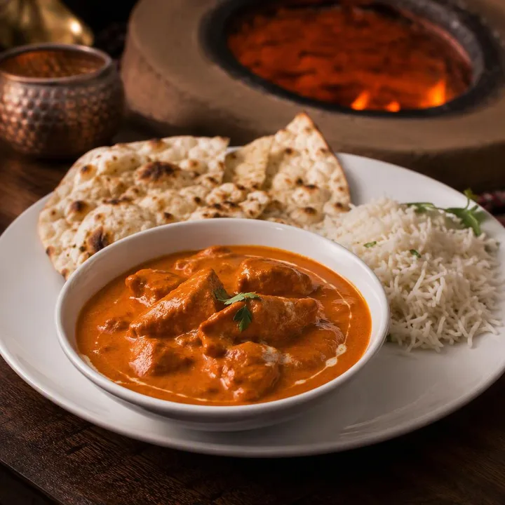 Plate of butter chicken with naan and rice at Nouba Restaurant and Rooftop Lounge, C-Scheme Jaipur