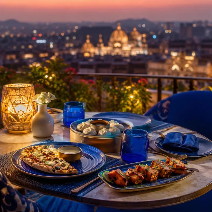 Quiet table set for two with candlelight and skyline view at Nouba Restaurant and Rooftop Lounge, C-Scheme Jaipur