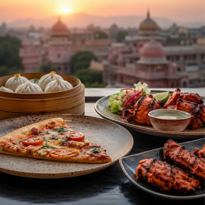 Assorted dishes from three kitchens on a table