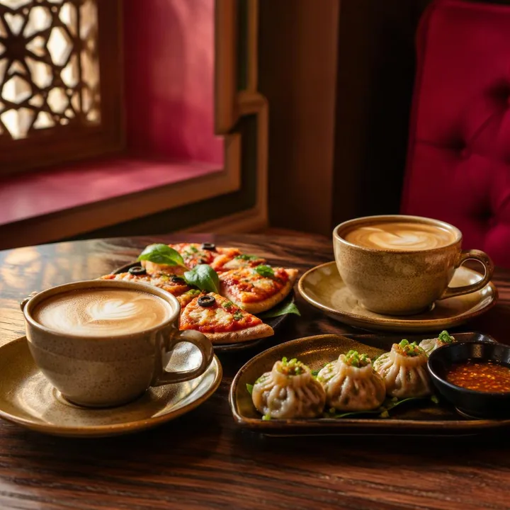 Indoor dining table with coffee cups and small plates on brown and magenta decor at Nouba Restaurant and Rooftop Lounge, C-Scheme Jaipur