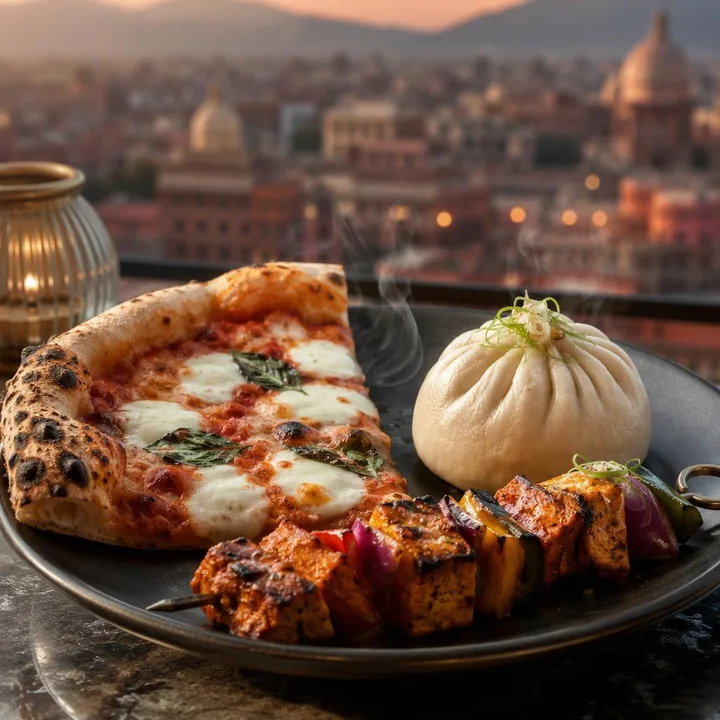 Wood-fired pizza slice with Pan-Asian dim sum beside North Indian kebab skewer at Nouba Restaurant and Rooftop Lounge, C-Scheme Jaipur
