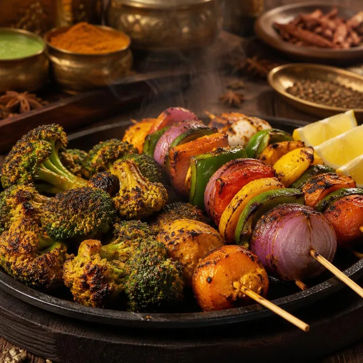 Tandoori broccoli and vegetable grills on sizzling plate at Nouba Restaurant and Rooftop Lounge, C-Scheme Jaipur