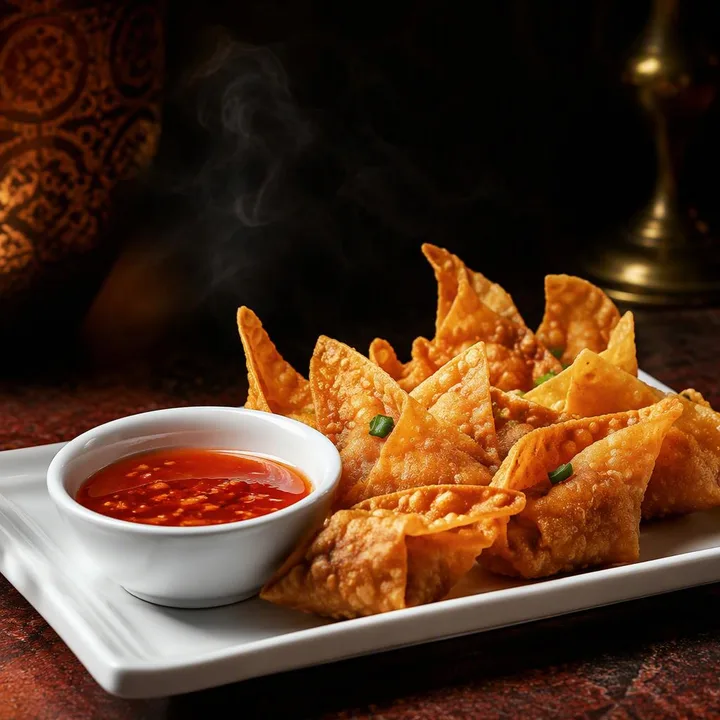 Plate of crispy wontons with dipping sauce at Nouba Restaurant and Rooftop Lounge, C-Scheme Jaipur
