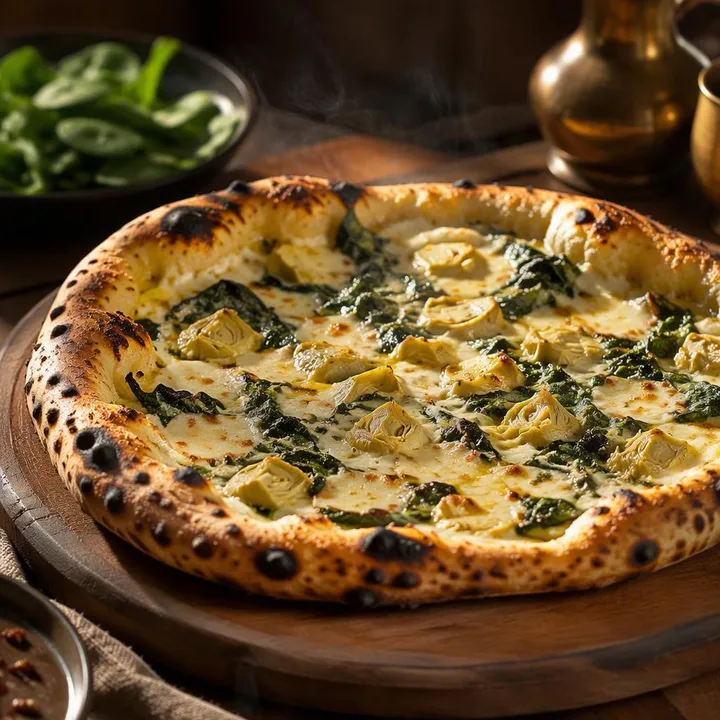 Spinach artichoke pizza on wood board with stretchy cheese and green toppings, at Nouba Restaurant and Rooftop Lounge, C-Scheme Jaipur