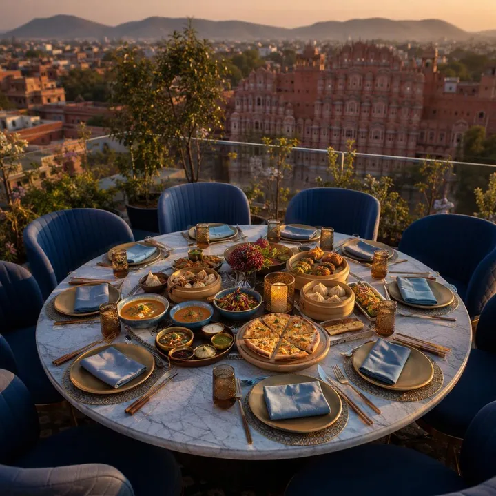 Rooftop tables set for group lunch with skyline view at Nouba Restaurant and Rooftop Lounge, C-Scheme Jaipur