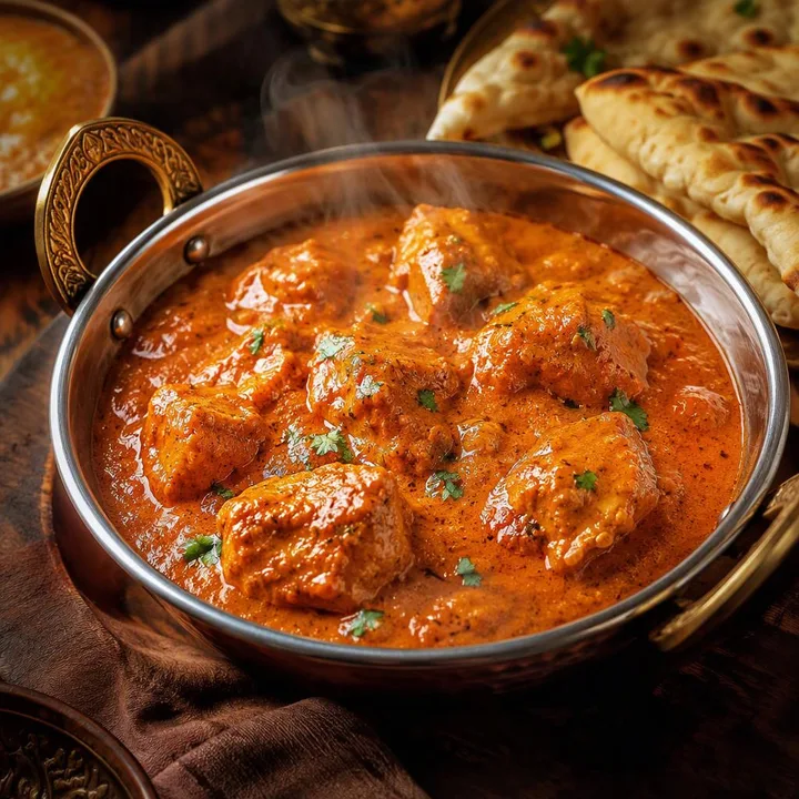 Butter chicken in a kadai with naan bread on the side at Nouba Restaurant and Rooftop Lounge, C-Scheme Jaipur