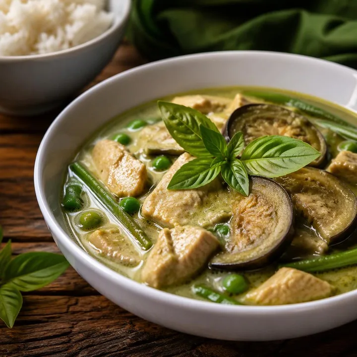Steaming bowl of Thai green curry with vegetables and herbs, served with rice at Nouba Restaurant and Rooftop Lounge, C-Scheme Jaipur