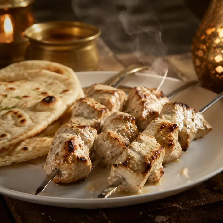 Skewer of creamy malai chicken tikka on white plate with naan beside it at Nouba Restaurant and Rooftop Lounge, C-Scheme Jaipur