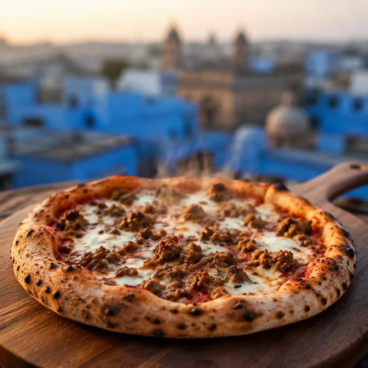 Minced meat pizza on wood-fired oven tray with toppings visible at Nouba Restaurant and Rooftop Lounge, C-Scheme Jaipur